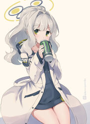 Rule 34 | 1girl, black hoodie, blue archive, brown background, can, collarbone, covered mouth, drawstring, energy drink, green eyes, grey hair, hair intakes, halo, hare (blue archive), holding, holding can, hood, hood down, hoodie, jacket, kuromiya, long hair, long sleeves, monster energy, one-hour drawing challenge, open clothes, open jacket, ponytail, puffy long sleeves, puffy sleeves, simple background, sleeves past wrists, solo, twitter username, white jacket