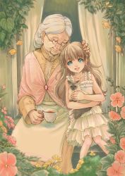 Rule 34 | 2girls, aqua eyes, blonde hair, blunt bangs, capelet, cat, coffee, cup, dress, family, flower, grandma, green eyes, hand on another&#039;s head, leaning on person, leaning to the side, long hair, multiple girls, old, old woman, plant, sitting, smile, soujirou, tea, teacup, white dress