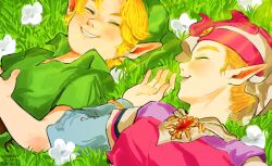 Rule 34 | 1boy, 1girl, blonde hair, child, closed eyes, dated, flower, green tunic, grin, highres, link, lying, nintendo, on back, on grass, pointy ears, princess zelda, signature, smile, the legend of zelda, the legend of zelda: ocarina of time, white flower, white headdress, yasmeen, young link, young zelda