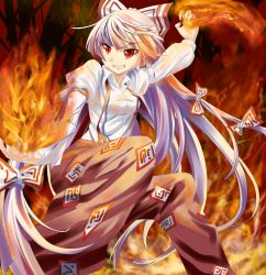 Rule 34 | 1girl, bow, breasts, female focus, fire, forest, fujiwara no mokou, grin, hair bow, long hair, makai no koutaishi, multiple hair bows, nature, outdoors, red eyes, silver hair, smile, solo, suspenders, touhou