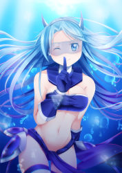 Rule 34 | 1girl, ;), air bubble, bare shoulders, bikini, bikini top only, blue bikini, blue eyes, blue gloves, blue hair, bubble, cowboy shot, detached collar, elbow gloves, finger to mouth, floating hair, glasses, gloves, hairband, highres, horns, light rays, long hair, looking at viewer, matching hair/eyes, navel, one eye closed, original, shushing, smile, solo, stomach, strapless, strapless bikini, sunlight, swimsuit, thigh gap, underwater, very long hair, water, yasume yukito