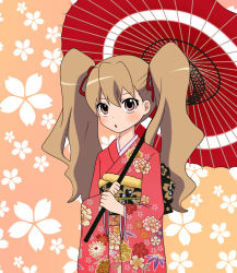 Rule 34 | 1girl, :o, aisaka taiga, blush, brown eyes, brown hair, commentary request, cowboy shot, floral background, floral print, gradient background, hair ribbon, holding, holding umbrella, japanese clothes, kimono, long hair, long sleeves, looking at viewer, lum10, oil-paper umbrella, orange background, parted lips, red kimono, red ribbon, red umbrella, ribbon, solo, standing, toradora!, twintails, umbrella, wide sleeves, yukata