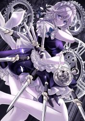 Rule 34 | 1girl, apron, bad id, bad twitter id, between fingers, blue dress, blue eyes, braid, breasts, commentary request, dress, gears, hair between eyes, highres, holding, holding knife, holster, izayoi sakuya, jan (lightdragoon), knife, knives between fingers, looking at viewer, maid, maid headdress, medium breasts, pale skin, petals, serious, short hair, side braid, silver hair, solo, stopwatch, thigh holster, thigh strap, thighs, time stop, touhou, twin braids, waist apron, watch