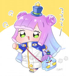 Rule 34 | 1girl, :d, bag, blue hair, blue hat, blue shorts, blush, chibi, commentary request, double bun, full body, gradient hair, green eyes, hair bun, hat, highres, jacket, long sleeves, mini hat, mini top hat, multicolored hair, nikki kyousuke, open mouth, outline, puniru (puniru wa kawaii slime), puniru wa kawaii slime, purple hair, romaji commentary, shoes, shorts, shoulder bag, smile, solo, star (symbol), top hat, translation request, two-tone background, v-shaped eyebrows, walking, white background, white jacket, white outline, yellow background, yellow footwear