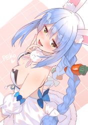 Rule 34 | 1girl, absurdres, animal ear fluff, animal ears, bare shoulders, blue bow, blue hair, blush, bow, braid, breasts, brown eyes, carrot hair ornament, character name, cleavage, dress, food-themed hair ornament, hair between eyes, hair bow, hair ornament, highres, hololive, large breasts, long hair, looking at viewer, off-shoulder dress, off shoulder, parted lips, rabbit ears, rabbit girl, rabbit tail, smile, solo, tail, thick eyebrows, tonarikeru, tongue, tongue out, twin braids, usada pekora, usada pekora (1st costume), virtual youtuber, white bow, white dress