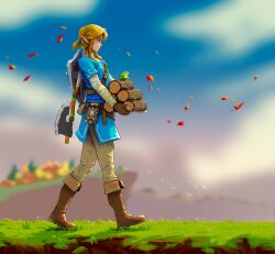 Rule 34 | 1boy, absurdres, axe, blonde hair, blue eyes, boots, brown footwear, brown gloves, carrying, frog, gloves, grass, highres, holding, jak (jaksinart), leaf, link, log, long sleeves, male focus, nintendo, outdoors, pants, pointy ears, shield, shield on back, shirt, solo, the legend of zelda, the legend of zelda: breath of the wild, walking, weapon, weapon on back