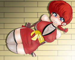 Rule 34 | 1girl, bare shoulders, bdsm, blue eyes, blush, bondage, bound, braid, breasts, clenched teeth, eyebrows, feet, fishnet legwear, fishnets, gender request, genderswap, gul-fuh, japanese clothes, large breasts, legs, looking at viewer, makeup, ninja, ranma-chan, ranma 1/2, red hair, restrained, rope, sandals, saotome ranma, single braid, solo, teeth, thighs
