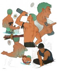 Rule 34 | 2boys, ?, absurdres, anger vein, artist name, back, bara, bottle, chibi, chibi inset, closed mouth, earrings, enri (ceinordraws), goggles, green hair, highres, holding, holding bottle, jewelry, light smile, looking at viewer, looking to the side, male focus, monkey d. luffy, multiple boys, multiple views, muscular, muscular male, one piece, roronoa zoro, short hair, signature, spoken character, spoken question mark, tank top, teeth, tongue, tongue out, topless male, white background