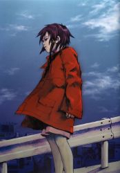 Rule 34 | 1990s (style), 1girl, abe yoshitoshi, absurdres, brown hair, from side, green eyes, guard rail, hair ornament, hairclip, highres, iwakura lain, official art, outdoors, retro artstyle, scan, serial experiments lain, solo, standing