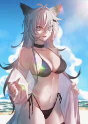 Rule 34 | 1girl, :d, absurdres, animal ears, antenna hair, arknights, bandaged arm, bandages, beach, bikini, black bikini, blue sky, breasts, buzhengjingamaojiang, chinese commentary, cloud, commentary, cowboy shot, day, fang, grey eyes, grey hair, hair ornament, hairclip, highres, lappland (arknights), large breasts, long hair, looking at viewer, navel, ocean, open mouth, scar, scar across eye, side-tie bikini bottom, sky, smile, solo, standing, stomach, swimsuit, very long hair, water, wolf ears