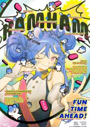 Rule 34 | 1girl, animal, animal on head, bare shoulders, black overalls, blue background, blue collar, blue hair, buttons, check copyright, closed mouth, collar, comb, commentary, copyright request, cover, detached collar, detached sleeves, double bun, english commentary, english text, eyelashes, eyelid pull, fake magazine cover, fingernails, flower, frilled shirt collar, frills, hair bun, hair flower, hair ornament, hamster, hamster print, highres, holding, holding brush, holding comb, jewelry, lace-trimmed wrist cuffs, lace trim, long hair, magazine cover, nail polish brush, nonaneva, on head, one eye closed, original, outstretched hand, overalls, pink eyes, puffy short sleeves, puffy sleeves, ring, shirt, short sleeves, side ponytail, sleeveless, sleeveless shirt, smirk, solo, sunflower, sunflower hair ornament, upper body, white shirt, white sleeves, white wrist cuffs, wrist cuffs