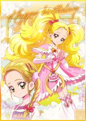 Rule 34 | 1girl, artist logo, blonde hair, border, bow, commentary request, detached sleeves, dress, earrings, eyelashes, frilled dress, frills, futari wa precure, futari wa precure max heart, hair bow, hair ornament, happy, happy birthday, heart, heart earrings, jewelry, kamikita futago, kujou hikari, leg warmers, long hair, looking at viewer, low ponytail, low side ponytail, magical girl, pink dress, ponytail, precure, shiny luminous, side ponytail, smile, solo, twintails, yellow border, yellow eyes
