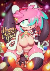 Rule 34 | 1girl, amy rose, animal ears, bell, blush, breasts, candy, candy cane, chinese zodiac, fake animal ears, food, furry, furry female, gofa, green eyes, green hair, hair bell, hair ornament, happy new year, highres, jingle bell, large breasts, multicolored hair, navel, new year, nipples, pink fur, pink hair, plump, pussy, sega, sexually suggestive, short hair, solo, sonic (series), streaked hair, thick thighs, thighs, uncensored, year of the rabbit