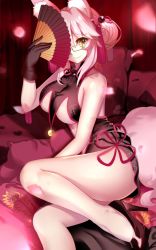 Rule 34 | 1girl, absurdres, alternate costume, alternate hairstyle, animal ears, bare shoulders, breasts, china dress, chinese clothes, cleavage, cleavage cutout, clothing cutout, commentary, commentary request, dress, fate/grand order, fate (series), fox ears, glasses, hand fan, high heels, highres, indoors, koyanskaya (chinese lostbelt outfit) (fate), koyanskaya (fate), large breasts, looking at viewer, lying, on side, one eye covered, paperfinger, petals, pink hair, pumps, shoes, sleeveless, smile, solo, tamamo (fate), thighs, underboob, yellow eyes