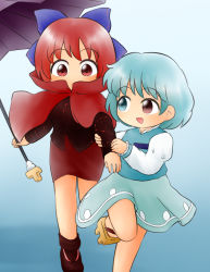 Rule 34 | 2girls, ankle boots, arm grab, black shirt, blue background, blue eyes, blue hair, blue skirt, blue vest, boots, bow, cape, commentary request, covered mouth, geta, gradient background, hair bow, heterochromia, holding, holding umbrella, juliet sleeves, light blue hair, long sleeves, looking at another, looking at viewer, looking back, multiple girls, pencil skirt, puffy sleeves, red cape, red footwear, red hair, red skirt, sekibanki, shirt, short hair, skirt, standing, standing on one leg, tatara kogasa, touhou, triangle mouth, umbrella, untucked shirt, vest, white shirt, yukimuro