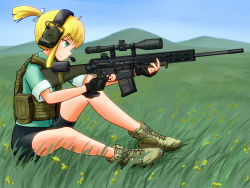 Rule 34 | 1girl, aiming, battle rifle, bike shorts, blonde hair, boots, combat boots, ear protection, fingerless gloves, flank, gloves, green eyes, gun, h&amp;k 417, headset, highres, iris (material sniper), load bearing vest, material sniper, ponytail, rifle, short hair, sitting, sleeves rolled up, sniper rifle, solo, weapon