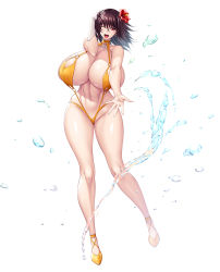 Rule 34 | 1girl, aoi nagisa (metalder), areola slip, bare shoulders, blush, breasts, brown hair, curvy, female focus, highleg, highleg swimsuit, highres, huge breasts, lilith-soft, looking at viewer, mature female, mizuki shiranui, nipples, official art, one-piece swimsuit, open mouth, red eyes, ribbon, shiny skin, simple background, skindentation, slingshot swimsuit, solo, spread legs, standing, swimsuit, taimanin (series), taimanin rpgx, taimanin yukikaze, thighs, white background, yellow one-piece swimsuit