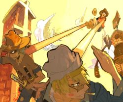 Rule 34 | 3boys, black hair, blonde hair, building, cigarette, cowboy western, glasses, green hair, hair over one eye, hat, lipstick, makeup, male focus, monkey d. luffy, multiple boys, one piece, outdoors, roronoa zoro, sanji (one piece), sheath, sheathed, sky, straw hat, stretching, sword, weapon, yellow sky