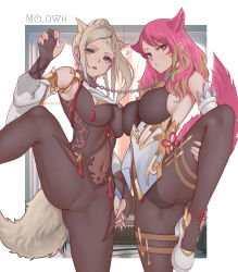 Rule 34 | 2girls, absurdres, animal ears, bdsm, blonde hair, blue eyes, bodysuit, breasts, chain, claw pose, collar, commission, cosplay, fox ears, fox girl, fox tail, ganyu (genshin impact), genshin impact, highres, holding hands, large breasts, leash, leashed to another, legs up, linked collar, melowh, multiple girls, pink hair, shenhe (genshin impact), slave, slit pupils, spread legs, tail, yuri