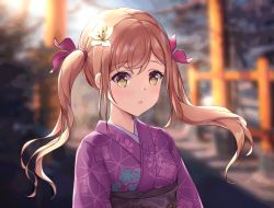 Rule 34 | 1girl, absurdres, bang dream!, blonde hair, blurry, blurry background, blush, breasts, chestnut mouth, commentary request, floral print, flower, furisode, hair flower, hair ornament, hair ribbon, highres, ichigaya arisa, japanese clothes, kimono, large breasts, long hair, long sleeves, looking to the side, mr arme, obi, obijime, purple kimono, purple ribbon, ribbon, sash, sidelocks, solo, standing, twintails, upper body, yellow eyes