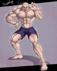 Rule 34 | 1boy, absurdres, blonde hair, brown eyes, grappler baki, hanma jack, highres, looking at viewer, male focus, muscle buster, muscular, open mouth, shadboya, short hair, shorts, simple background, solo