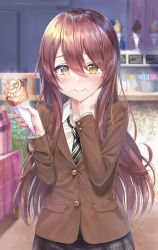 Rule 34 | 1girl, blush, breasts, brown hair, brown jacket, collared shirt, commentary request, cream, cream on face, day, eating, food, food on face, grey skirt, hair between eyes, hand on own cheek, hand on own face, highres, ice cream cone, idolmaster, idolmaster shiny colors, indoors, jacket, long hair, long sleeves, looking at viewer, medium breasts, mintol (qool+), necktie, osaki tenka, plaid, plaid skirt, pleated skirt, school uniform, shirt, skirt, smile, solo, white shirt, yellow eyes
