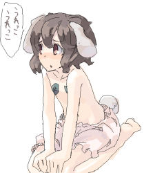 Rule 34 | 1girl, animal ears, artist request, barefoot, bloomers, brown eyes, brown hair, female focus, flat chest, inaba tewi, leaf, rabbit ears, seiza, sitting, solo, topless, touhou, translated, underwear, underwear only, white bloomers