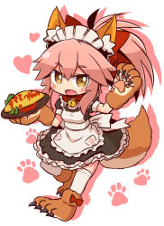 Rule 34 | 1girl, animal ears, apron, blush, bow, breasts, brown eyes, chibi, fangs, fate/grand order, fate (series), fox ears, full body, hair bow, heart, holding, holding tray, large breasts, long hair, looking at viewer, maid, maid apron, maid headdress, naga u, open mouth, paw shoes, pink hair, red bow, smile, solo, tamamo (fate), tamamo cat (fate), tamamo cat (second ascension) (fate), tamamo no mae (fate/extra), tray