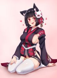Rule 34 | 1girl, :d, animal ears, azur lane, bell, black hair, blunt bangs, blush, breasts, commentary, eyes visible through hair, fang, fox mask, full body, gradient background, hand on own knee, heart, highres, hip vent, japanese clothes, jingle bell, looking at viewer, mask, mask on head, medium breasts, open mouth, red eyes, seiza, short hair, sideboob, simple background, sitting, skindentation, smile, solo, thighhighs, twrlare, white thighhighs, wide sleeves, yamashiro (azur lane)