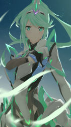 Rule 34 | 1girl, 3d, armor, breasts, elbow gloves, gloves, gmod, green eyes, green hair, highres, large breasts, long hair, matching hair/eyes, nintendo, pneuma (xenoblade), ponytail, sculp2, shoulder armor, sky, solo, spoilers, star (sky), very long hair, xenoblade chronicles (series), xenoblade chronicles 2