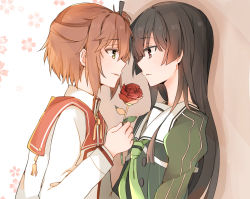 Rule 34 | 10s, 2girls, black hair, black ribbon, brown hair, commentary request, etou kanami, face-to-face, flower, hair ribbon, heijou institute school uniform, holding, holding flower, juujou hiyori, lionet0806, long hair, looking at another, minoseki gakuin uniform, multiple girls, one side up, open mouth, parted lips, red eyes, ribbon, rose, school uniform, short hair, smile, toji no miko, yellow eyes, yuri