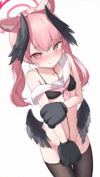 Rule 34 | 1girl, absurdres, adapted costume, animal ear fluff, animal ears, animal hands, black gloves, black thighhighs, black wings, blue archive, blush, breasts, cat ears, cat paws, closed mouth, collarbone, cowboy shot, extra ears, gloves, grin, hair between eyes, halo, head wings, highres, koharu (blue archive), long hair, looking at viewer, minazuki (uraha246), no panties, paw gloves, pink eyes, pink hair, red halo, simple background, small breasts, smile, solo, thighhighs, twintails, white background, wings