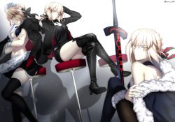 Rule 34 | 3girls, absurdres, apron, artist name, artoria pendragon (all), artoria pendragon (alter swimsuit rider) (fate), artoria pendragon (alter swimsuit rider) (second ascension) (fate), artoria pendragon (fate), bar stool, black ribbon, blonde hair, boots, braid, crossed legs, excalibur morgan (fate), expressionless, fate/grand order, fate (series), foo (pixiv54892036), food, french braid, fur-trimmed legwear, fur trim, grey background, hand in own hair, high heel boots, high heels, highres, looking at viewer, maid apron, maid headdress, multicolored ribbon, multiple girls, navel, off shoulder, official alternate costume, one eye closed, ponytail, popsicle, ribbon, saber alter, saber alter (ver. shinjuku 1999) (fate), shadow, shorts, shoulder blades, stool, thigh boots, thighhighs, thighs, twitter username, yellow eyes