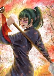 Rule 34 | autumn leaves, black jacket, glasses, green hair, highres, jacket, jujutsu kaisen, pole, ponytail, weapon, zen&#039;in maki, zenin maki