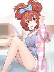 Rule 34 | 1girl, absurdres, animal ears, bare legs, bedroom, blurry, blurry background, breasts, brown hair, collarbone, commentary request, daiwa scarlet (umamusume), eyelashes, feet out of frame, hair between eyes, highres, hood, hood down, horse ears, horse girl, indoors, knees together feet apart, legs, looking at viewer, medium breasts, medium hair, mouth hold, red eyes, short shorts, shorts, sidelocks, sitting, sleepwear, solo, solokitsune, striped clothes, striped shorts, thighs, umamusume