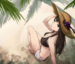 Rule 34 | 10s, 1girl, adjusting clothes, adjusting headwear, arm support, barefoot, beach, bikini, breasts, brown hair, collarbone, commentary, from above, full body, green eyes, hat, highres, idolmaster, idolmaster cinderella girls, leaning back, long hair, looking at viewer, looking back, looking up, medium breasts, palm tree, sand, shibuya rin, shorts, sitting, smile, solo, straw hat, sun hat, swimsuit, tree, yashigaras