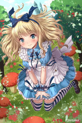 Rule 34 | 1girl, alice (alice in wonderland), alice in wonderland, apron, blonde hair, blue dress, blue eyes, blush, bow, chaki-yam, day, dress, eyelashes, floating hair, frilled dress, frills, full body, grass, hair bow, hair ribbon, hairband, highres, kneeling, light smile, long hair, looking at viewer, mary janes, mushroom, outdoors, outstretched hand, puffy short sleeves, puffy sleeves, ribbon, shoes, short sleeves, solo, sparkle, striped clothes, striped thighhighs, thighhighs, tree, v arms, wing collar, wrist cuffs