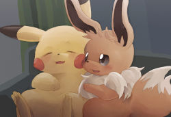 Rule 34 | :3, = =, animal focus, blush, blush stickers, closed eyes, couch, creatures (company), curtains, eevee, fluffy, fur collar, gaba ana daddy, game freak, gen 1 pokemon, gerigoo, grey eyes, happy, highres, indoors, looking at another, manatsu no yo no inmu, meme, nintendo, no humans, on couch, open mouth, pikachu, pokemon, pokemon (creature), sitting, sketch, smile