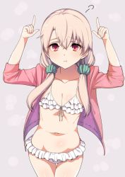 Rule 34 | :t, alternate hairstyle, bikini, bikini skirt, collarbone, commentary request, cowboy shot, fate/kaleid liner prisma illya, fate (series), flat chest, frilled bikini, frills, front-tie bikini top, front-tie top, grey background, hair between eyes, hair over shoulder, illyasviel von einzbern, jacket, light brown hair, long hair, looking at viewer, low twintails, navel, open clothes, open jacket, pointing, pointing up, red eyes, santa (sunflower), simple background, solo, swimsuit, thigh gap, twintails
