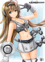 Rule 34 | 1girl, absurdres, ahoge, asymmetrical clothes, asymmetrical gloves, bad deviantart id, bad id, black gloves, breasts, brown hair, car, cleavage, gloves, green eyes, hairband, highres, kneehighs, long hair, mercedes-benz, midriff, miniskirt, motor vehicle, navel, original, personification, signature, skirt, smile, socks, solo, sweetsoupman, uneven gloves, v, vehicle, white gloves