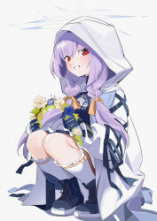 Rule 34 | 1girl, absurdres, atsuko (blue archive), black footwear, black gloves, blue archive, boots, braid, frilled socks, frills, full body, gloves, grey halo, grin, halo, highres, hood, hood up, hooded jacket, jacket, long hair, looking at viewer, open mouth, purple hair, red eyes, simple background, smile, socks, solo, squatting, twin braids, wako (1194433260), white background, white jacket, white socks
