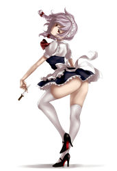 Rule 34 | 1girl, apron, ascot, ass, bow, braid, female focus, full body, hair bow, head tilt, high heels, highres, izayoi sakuya, knife, kyogoku-uru, looking at viewer, maid, maid apron, maid headdress, nail polish, no panties, puffy short sleeves, puffy sleeves, red bow, red eyes, red nails, short hair, short sleeves, silver hair, simple background, smile, solo, thighhighs, touhou, twin braids, waist apron, white background, white thighhighs