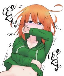 Rule 34 | 1girl, bad id, bad pixiv id, blue eyes, blush, breasts, cleavage, collarbone, commentary request, covering own mouth, drawstring, go-toubun no hanayome, green hoodie, hair between eyes, half-closed eyes, heart, highres, hood, hood down, hoodie, implied sex, kujou karasuma, long hair, long sleeves, looking at viewer, lying, medium breasts, nakano yotsuba, navel, nose blush, on back, orange hair, out-of-frame censoring, revision, solo, upper body, white background