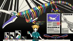 Rule 34 | 1girl, animal skeleton, aqua eyes, aqua shirt, blonde hair, blunt bangs, breast pocket, closed mouth, collared shirt, colored skin, colorful, commentary request, dinosaur, dinosaur skeleton, display case, dna, double bun, double helix, fossil, hair bun, halftone, hand up, highres, holding, holding rock, indoors, light rays, limited palette, looking at viewer, machigami yoh, mosasaurus, museum, original, pocket, rock, shirt, short hair, short sleeves, sidelocks, sign, smile, solo, standing, straight-on, uniform, upper body, white skin, wide shot