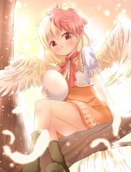 Rule 34 | 1girl, arm support, backlighting, bird, bird tail, bird wings, blonde hair, blush, boots, branch, brown dress, brown footwear, chick, dress, egg, expressionless, feathered wings, feathers, food, head tilt, holding, holding egg, holding food, in tree, layered dress, looking at viewer, multicolored hair, neck ribbon, niwatari kutaka, outdoors, puffy short sleeves, puffy sleeves, red eyes, red hair, red ribbon, ribbon, short hair, short sleeves, solo, sparkle, tail, touhou, tree, two-tone hair, umi suzume, wings