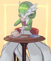 Rule 34 | book, closed eyes, creatures (company), cup, game freak, gardevoir, gen 3 pokemon, green hair, hair over one eye, holding, holding cup, kettle, nintendo, no humans, plate, pokemon, pokemon (creature), short hair, sitting, smile, solo, steam, table, tea, teacup, teapot, tesshii (riza4828)