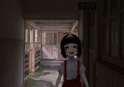 Rule 34 | 1girl, :d, black hair, blood on clothes, blush, collared shirt, female focus, ghost, hanako-san (toire no hanako-san), indie virtual youtuber, looking at viewer, mixed media, open mouth, photo background, pono, red skirt, shirt, skirt, smile, solo, suspender skirt, suspenders, toire no hanako-san, triangular headpiece, virtual youtuber, white shirt
