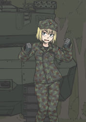 Rule 34 | 1girl, blonde hair, female focus, germany, hat, highres, military, military uniform, military vehicle, motor vehicle, outdoors, pants, plant, putsch-chan, solo, standing, tank, tree, uniform