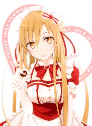 Rule 34 | 1girl, :d, alternate costume, apron, asuna (sao), blonde hair, bow, bowtie, breasts, brown eyes, candy, center opening, chocolate, chocolate heart, cleavage, detached collar, elbow gloves, english text, enmaided, food, frilled apron, frills, gloves, hair bow, head tilt, heart, holding, holding food, long hair, looking at viewer, maid, maid headdress, medium breasts, multicolored eyes, open mouth, red bow, red bowtie, sash, short sleeves, smile, solo, striped, striped bow, sword art online, tareme, tsukimori usako, upper body, very long hair, waist apron, white apron, white background, white gloves, yellow eyes