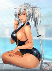 Rule 34 | 1girl, bare arms, bare legs, bare shoulders, black nails, black one-piece swimsuit, blush, breasts, competition swimsuit, dark-skinned female, dark skin, fingernails, hair between eyes, highres, kantai collection, kasumi (skchkko), large breasts, long hair, looking at viewer, musashi (kancolle), musashi kai ni (kancolle), nail polish, no eyewear, one-piece swimsuit, red eyes, shiny clothes, sitting, smile, solo, swimsuit, two side up, wet, white hair